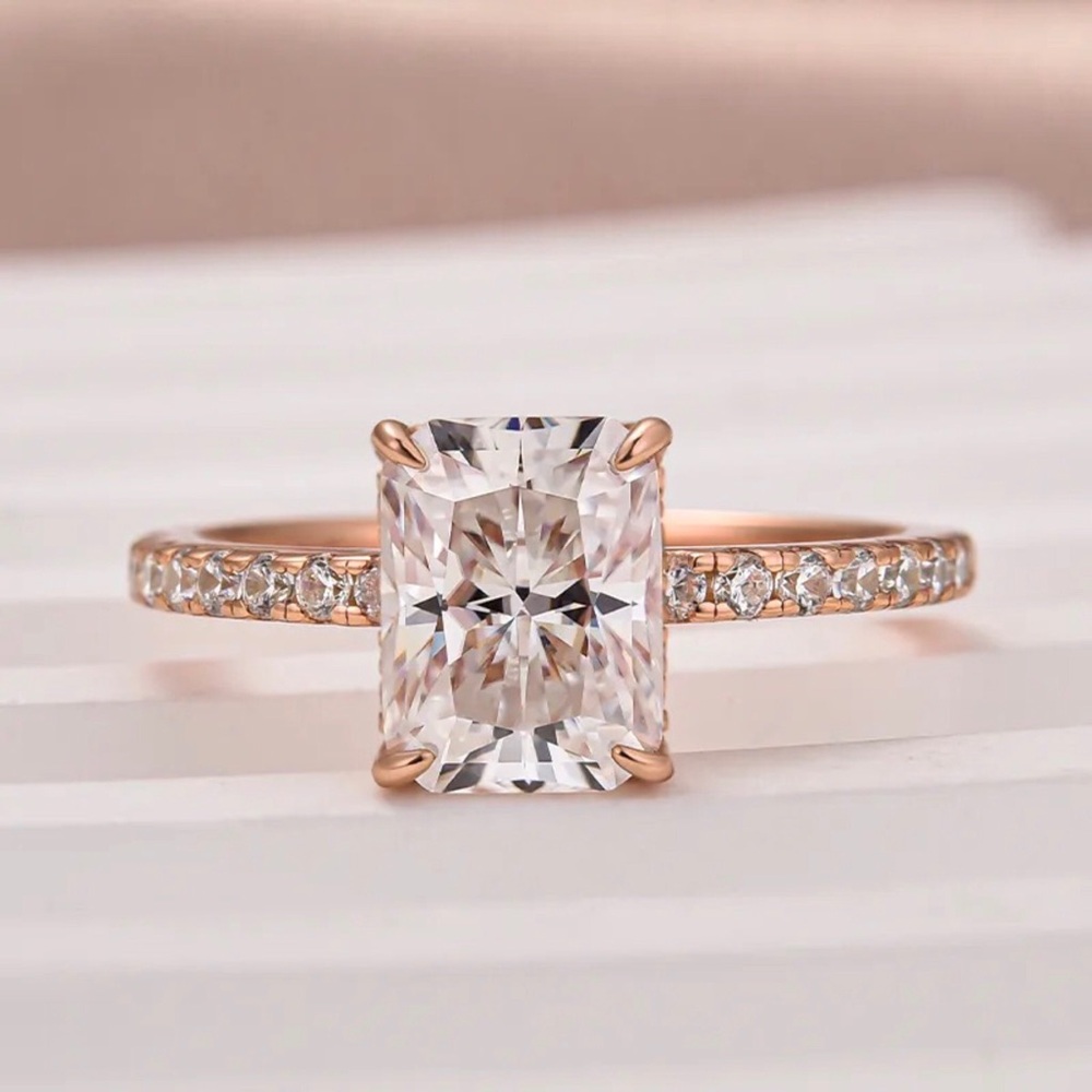 Maxine Simulated Diamond Ring 925 Silver Rose Gold Radiant Hidden Halo 6 NEW